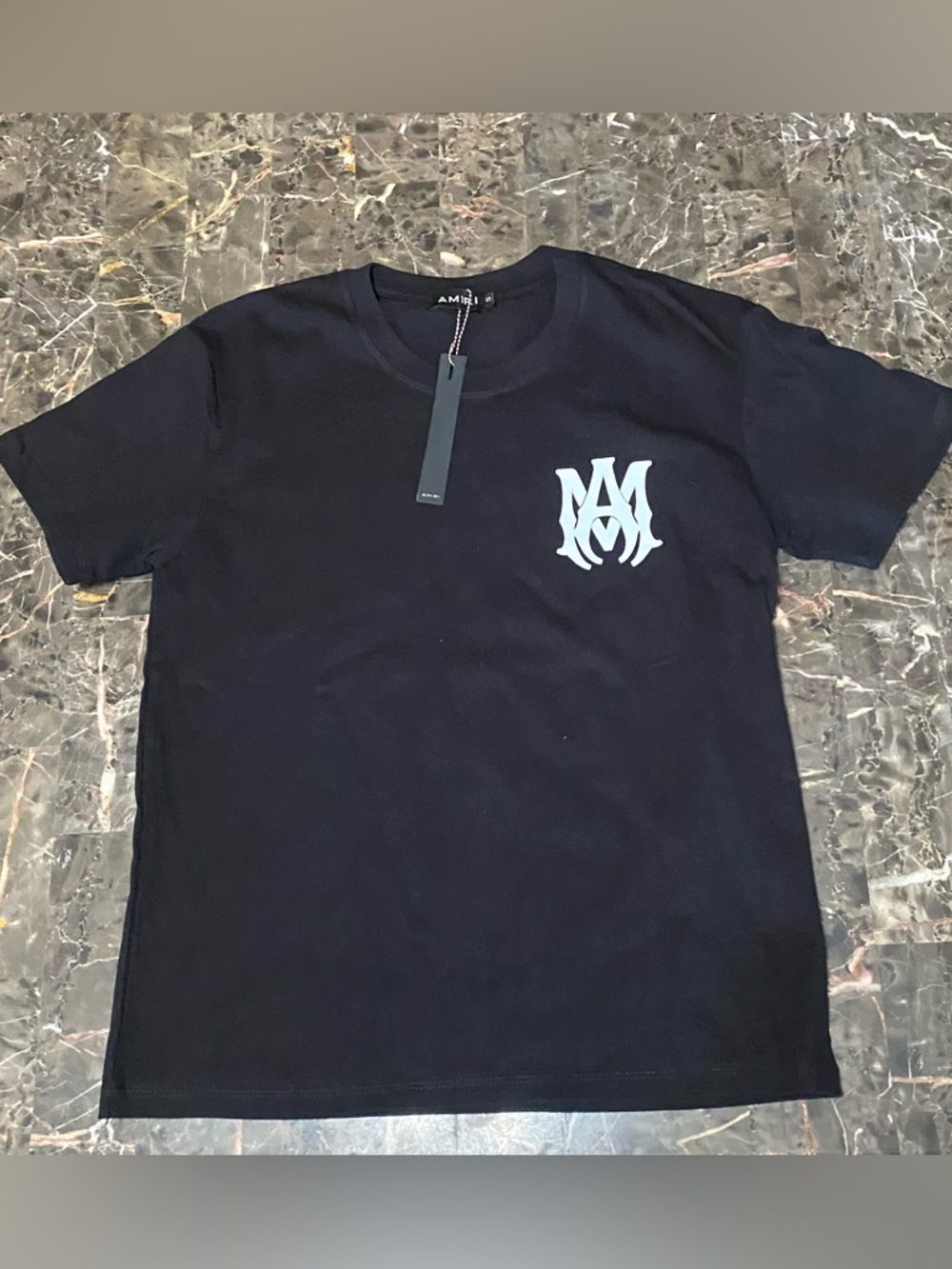 AMIRI Black Short Sleeve Logo Tee with Light Blue Emblem